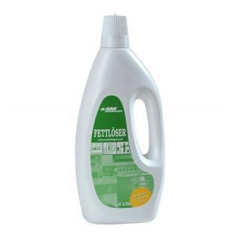 Eine weiße 1L-Kunststoffflasche mit der Aufschrift "Fettlöser" enthält GastroPower TK-RAN von Abena Re-Seller GmbH, ideal zur Bekämpfung von hartnäckigen Verschmutzungen in der Gastronomie; erhältlich als Karton mit 4 Flaschen (4*1L).