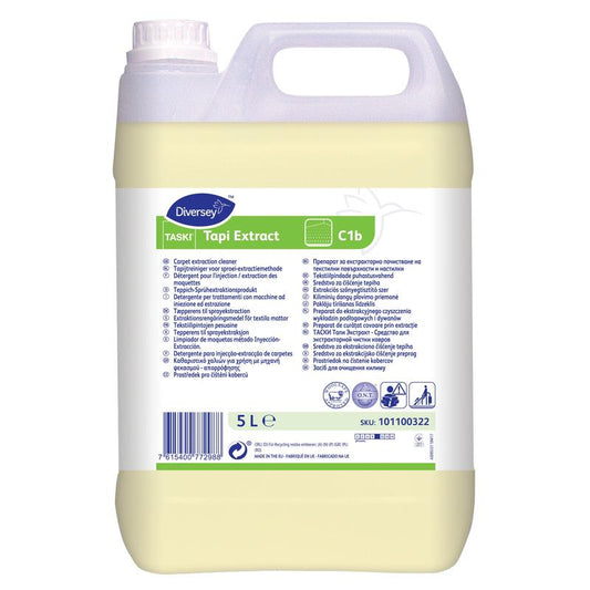 Ein 5-Liter-Kanister Diversey TASKI Tapi Extract Teppich-Sprühextraktionsreiniger mit O.N.T.-Technologie, Wollsiegel-zertifiziert, verfügt über einen Tragegriff und ein mehrsprachiges Etikett mit Produktangaben und Anweisungen.