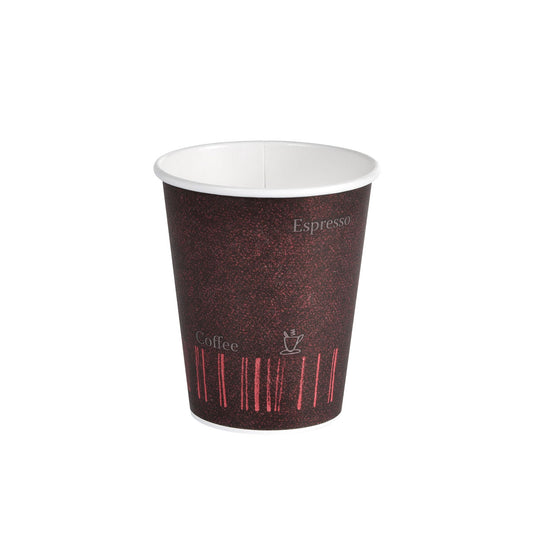 Der Duni GmbH Becher Coffee Quick Bedruckt PAP/PE (Packung mit 50 Stück) hat ein dunkelbraunes und rotes Design mit "COFFEE QUICK"-Aufdruck - der perfekte leere Becher zum Mitnehmen für den Genuss von Heißgetränken unterwegs.