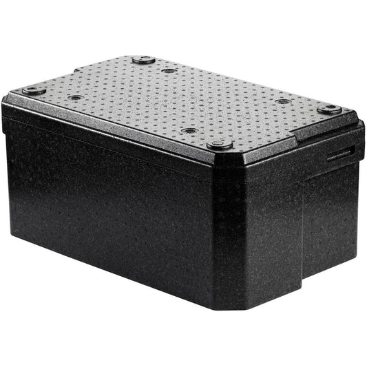 Die Thermobox 1 Schwarz EPP der Duni GmbH ist eine schwarze, rechteckige Kunststoffbox für den Lebensmitteltransport mit einem strukturierten, gepunkteten Deckel mit vier Schrauben. Sie wird vor einem weißen Hintergrund präsentiert.