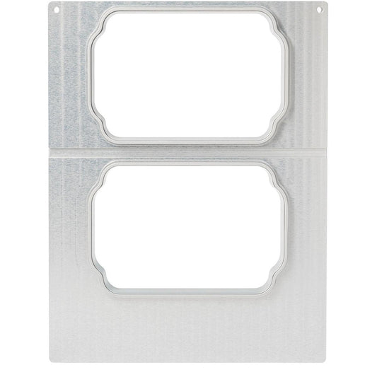 Ein silbernes Blech mit zwei abgerundeten rechteckigen Ausschnitten, passend zur Kassette DF15/25 f. PP-Schale Take Away 900 ml (2-nutzig) der Duni GmbH, übereinander angeordnet und mit Zierkanten versehen.