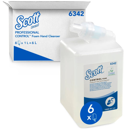 Eine 1L Kassette Scott® Control™ Schaum-Handreiniger von Kimberly-Clark GmbH steht vor der Verpackung, auf der Produktname, Logo, 6342-Code und ein Symbol für 6 Kartuschen pro Karton zu sehen sind-ideal für häufige Verwendung.
