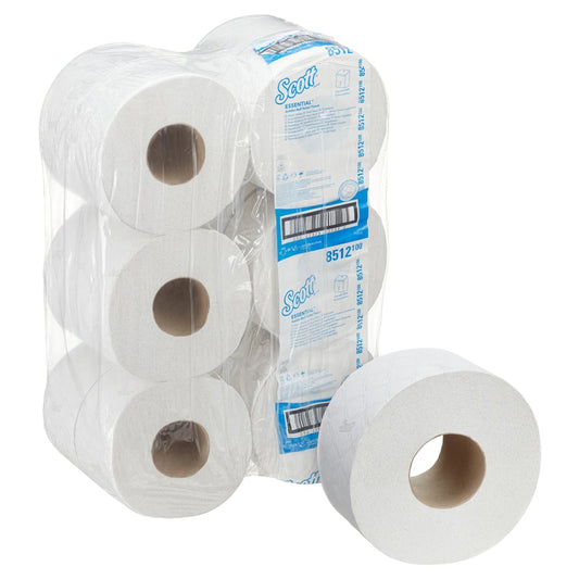 Ein Karton mit 12 großen weißen Scott® Essential™ Jumbo Toilettenpapierrollen von Kimberly-Clark GmbH, jede Rolle mit 526 Blatt. Die blau-weiße Verpackung zeigt die Marke Scott und Produktangaben, wobei eine Rolle vorne abgebildet ist.