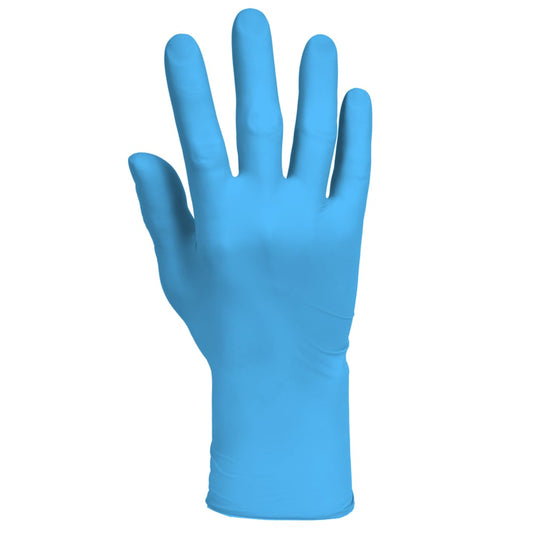 Ein blauer KleenGuard® G10 FleX Nitril-Handschuh (24 cm, beidhändig tragbar) der Kimberly-Clark GmbH ist aufrecht mit ausgestreckten Fingern und nach vorne gerichteter Handfläche abgebildet, was seinen Chemikalienschutz vor weißem Hintergrund hervorhebt.