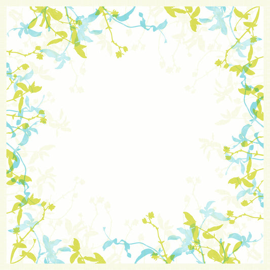 Die Dunicel Mitteldecke 84x84 cm Elise von Duni GmbH (Packung mit 20 Stück) bietet eine elegante Tischdeko: Ein quadratischer Rahmen aus blauen und grünen Aquarellblumen ziert die Ecken und Ränder - perfekt für festliche Anlässe.