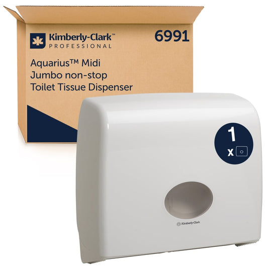 Der Aquarius™ Toilet Tissue Spender - Jumbo Non-Stop von Kimberly-Clark GmbH in Weiß bietet eine praktische und hygienische Lösung für Ihren Toilettenpapierbedarf. 1 Spender je Karton.