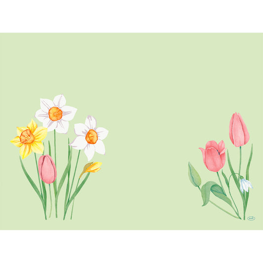 Bio-Dunicel-Sets 30x40 Frühlingsmelodie von Duni GmbH: Illustration von Frühlingsblumen auf Hellgrün mit Narzissen, Tulpen und Schneeglöckchen - ideal für nachhaltige Tischdekoration oder Ihr nächstes Frühlingsmelodie-Tischgedeck. Packung (100 Stück).