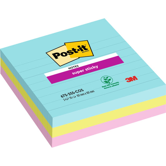 Ein Stapel Post-it® Super Sticky Notes im Großformat (101 mm x 101 mm, 70 Blatt/Block, 100% PEFC) der 3M Deutschland GmbH in den Farben blau, gelb und pink, mit dem Post-it® und dem Super Sticky"-Etikett obenauf.