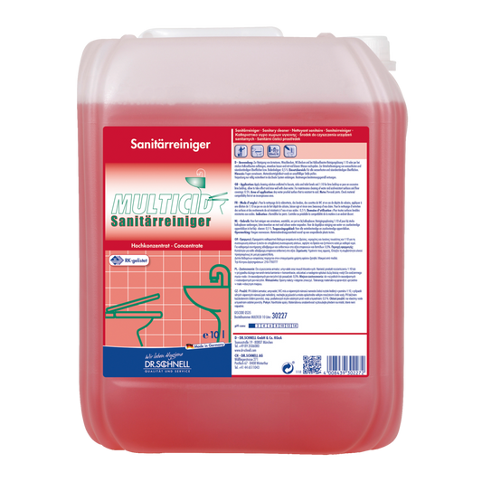 Ein 10-Liter-Kunststoffbehälter von Dr. Schnell MULTICID Sanitärreiniger der DR.SCHNELL GmbH & Co. KGaA, ein rotes Sanitärreinigerkonzentrat mit auf der Vorderseite aufgedruckten Produktetiketten und Anwendungshinweisen.