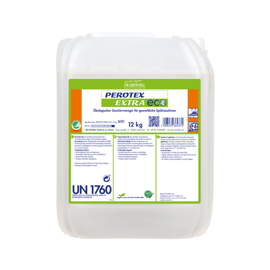 Ein 12 kg weißer Kunststoffbehälter von Dr. Schnell PEROTEX EXTRA ECO Geschirrreiniger für gewerbliche Spülmaschinen von DR.SCHNELL GmbH & Co. KGaA, mit grün-orangem Etikett, Produktinformationen und Sicherheitssymbolen.
