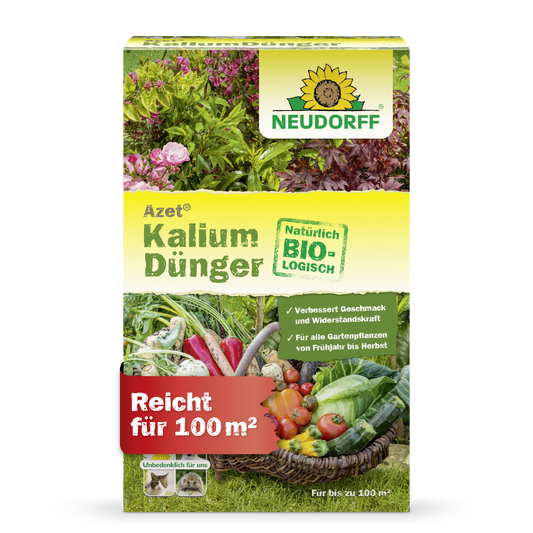 Azet KaliumDünger aus dem Neudorff Shop ist ein organischer Dünger für alle Gartenpflanzen, beugt Kaliummangel vor, deckt bis zu 100 m² und zeigt Bilder von Gemüse und Blumen - ideal zum Pflanzen düngen.