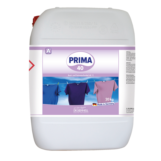 Ein weißer 20-kg-Behälter mit Dr. Schnell PRIMA 40 der DR.SCHNELL GmbH & Co. KGaA ist mit einem lilafarbenen "Made in Germany"-Etikett und Bildern von bunten Hemden versehen, die auf seine Verwendung als Reinigungsmittel für industrielle Anwendungen hinweisen.