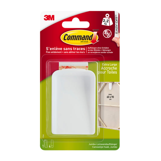Ein Command™ Leinwandaufhänger der 3M Deutschland GmbH in extragroßer Ausführung wird in seiner Verpackung gezeigt, die eine Gewichtsbeschränkung von 2,2 kg aufweist und Produktinformationen auf Englisch und Französisch präsentiert.