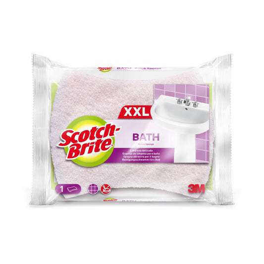 Eine Packung Scotch-Brite® Bath XXL Reinigungsschwamm für das Bad von 3M Deutschland GmbH, 1 Stück pro Packung, abgebildet mit weißem und violettem Schwammbild, Waschbecken, mehrsprachigem Text und dem 3M-Logo in der Ecke.
