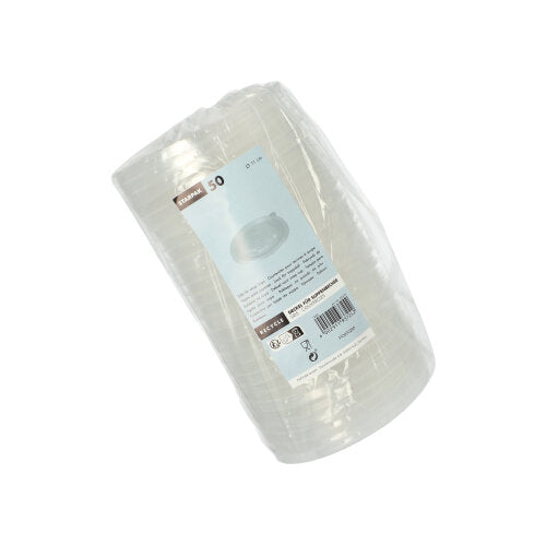 Ein Stapel von 50 transparenten Starpak PP-Suppenbechern „To Go“ (Ø 11 cm) in Folie verpackt mit einem blau-weißen Etikett mit Produktdetails und Barcode sorgt für eine kleckerfreie Verwendung.