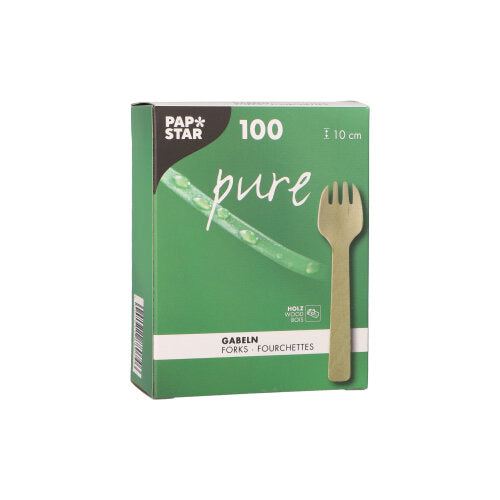 Eine grün-weiße Schachtel der PAPSTAR GmbH mit der Aufschrift „pure“ enthält 100 umweltfreundliche, biologisch abbaubare Holzgabeln (10 cm) in einem Faltkarton. Die Vorderseite zeigt ein Gabelbild mit umweltfreundlicher grüner Grafik.