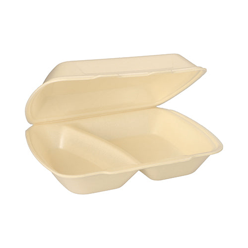 Eine Starpak Menübox mit Klappdeckel, XPS, 2-geteilt (7,5 x 24,3 x 20,8 cm) ist offen und leer vor weißem Hintergrund zu sehen.