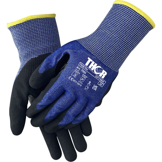 Ein Paar blaue Thor Flex Cut C Handschuhe der Abena Re-Seller GmbH mit schwarzen Handflächen, gelb abgesetzten Stulpen, weißem THOR"-Schriftzug und Sicherheitszertifikaten - ideal für Arbeiten mit Schneidwerkzeug oder Cutter.