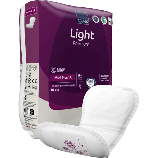 Die Abbildung zeigt eine Packung ABENA Light Mini Plus 1A, Premium (16 Paare) von Abena Re-Seller GmbH für leichte Blasenschwäche, mit einem Pad im Vordergrund. Die lila-weiße Verpackung zeigt 16 Paare pro Packung.