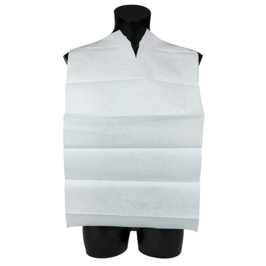 Eine Schaufensterpuppe zeigt einen großen, gefalteten Abena Re-Seller GmbH Speiselatz Einweg Blau/Weiß o.Tasche (38x70 cm), der Brust und Oberkörper mit einer v-förmigen Halseinkerbung bedeckt. Ideal für hygienische Mahlzeiten. Packung: 100 Paare.