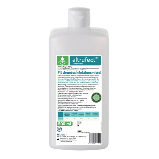 Rückansicht einer 500 ml Flasche Altruan Flächendesinfektionsmittel mit Produktinformationen, Inhaltsstoffen und Anwendungshinweisen überwiegend in deutscher Sprache. Das Etikett ist grün-weiß gestaltet.