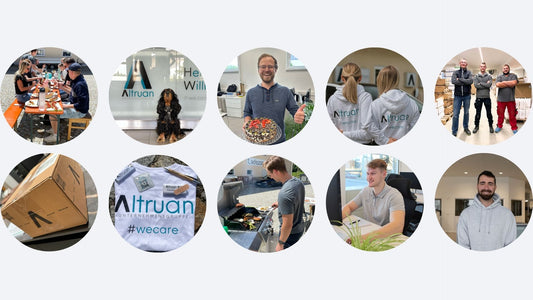 Eine Collage aus zwölf kreisförmigen Fotos, die Menschen bei der Arbeit, Altruan-Logos auf Hemden und Kisten sowie verschiedene Büro- und Teamaktivitäten zeigen. Die Szenen umfassen Gruppensitzungen, zwanglose Zusammenkünfte und Arbeitsbereiche.