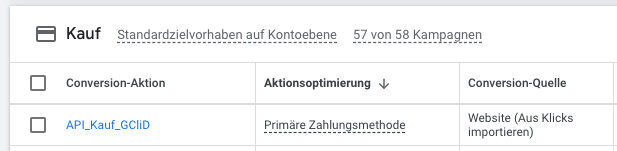 Screenshot einer digitalen Schnittstelle, die Kaufeinstellungen für Kampagnen vom Weclapp- zum Google Offline-Conversion-Upload anzeigt, mit Optionen für Conversion-Aktion, Aktionsoptimierung und Conversion-Quelle, präsentiert auf Deutsch von Altruan.