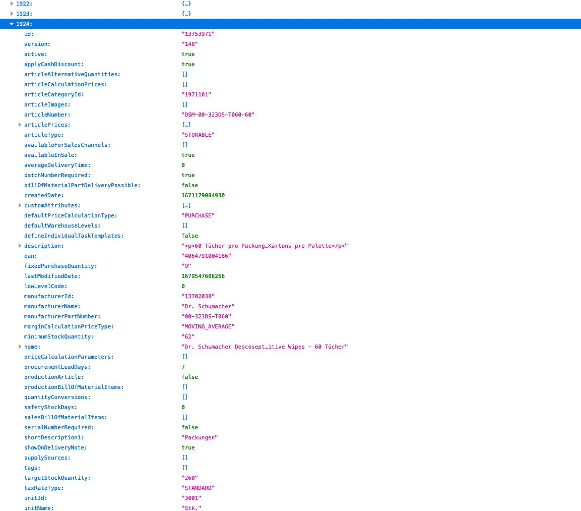 Textbasiertes Foto eines Informationstafellayouts, das eine Konfiguration für eine Webseite mit Altruan ArtikelMeister Feed zeigt: Weclapp Artikel JSON / CSV Feed. Es enthält mehrere Felder wie „id“, „type“ und