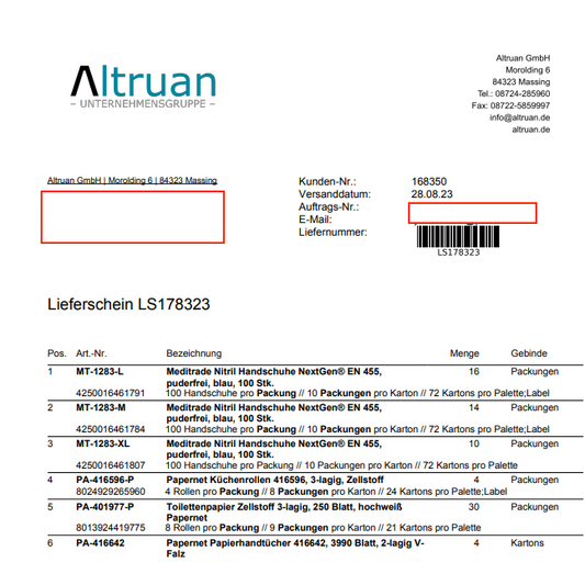 Ein Bild eines Lieferscheins von „Altruan“ mit Details wie der Adresse des Absenders, der Rechnungsnummer und einer detaillierten Liste der versendeten Produkte, einschließlich Mengen und Verpackungsarten.