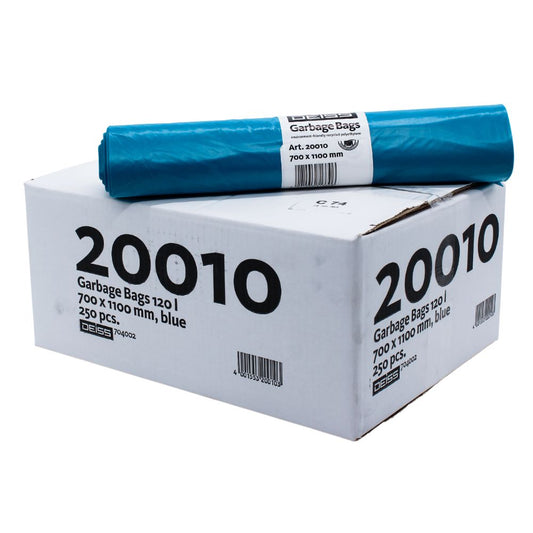 Ein Karton mit der Aufschrift „20010“ enthält Rollen blauer DEISS Abfallsäcke, jeder Beutel misst 700 x 1100 mm, wobei eine einzelne Rolle oben auf dem Karton liegt. Marke: Emil Deiss KG