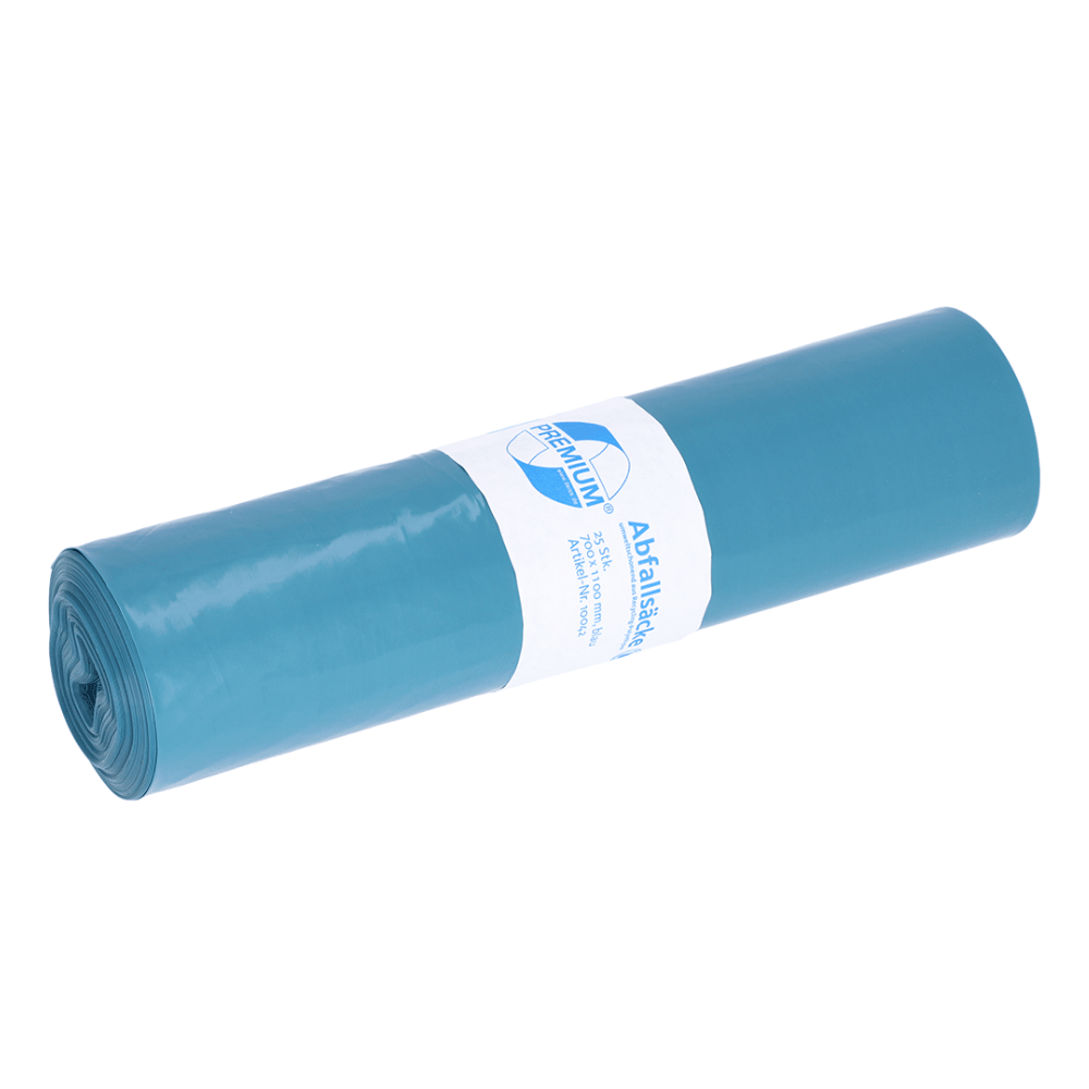 A compact roll of blue trash bags made from recycled material by EMIL DEISS KG (GmbH + Co.). Each bag has a white label in the center featuring text and a logo and is designed to hold up to 120 liters of trash.