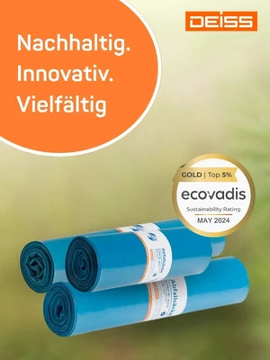 Werbung für Deiss Müllbeutel mit Nachhaltigkeitsfokus. Im Vordergrund liegen drei aufgerollte, türkisfarbene Müllsäcke nebeneinander auf einer grünen Fläche. Links oben im Bild steht in weißer Schrift auf orangem Hintergrund: ‚Nachhaltig. Innovativ. Vielfältig.‘ Oben rechts das Deiss-Logo in Weiß auf orangefarbenem Rechteck. Daneben ein rundes Siegel: ‚ecovadis Gold | Top 5 % – Sustainability Rating – May 2024‘.