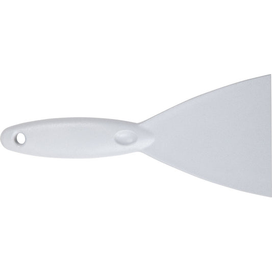 Ein SPACHTEL,PP, 250x110X18MM von Haug Bürsten KG wird vor einem schlichten Hintergrund gezeigt, wobei seine Qualität durch eine Nahaufnahme des Griffs und eines Teils der Klinge mit einem Loch im Griff hervorgehoben wird.