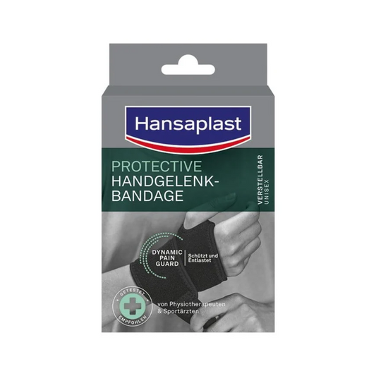Verpackung für die Hansaplast Protective Handgelenk-Bandage der Beiersdorf AG mit den Worten „Dynamic Guard“ und „Protection Bandage“. Dargestellt ist ein Handgelenk mit einer grauen Bandage. Text in
