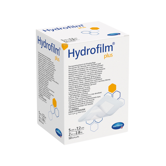 Eine Schachtel Paul Hartmann AG Auslaufartikel: Hydrofilm Plus 5x7,2cm, Packung mit 50 Stück, inklusive Produktinfos und Abbildung des Transparentverbands vor weißem Hintergrund.