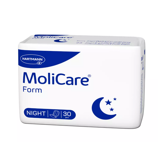 Eine Packung MoliCare Form Night-Windeln für Erwachsene von Paul Hartmann AG in einer weißen Schachtel mit blauen Akzenten, mit dem Markenlogo und der Produktanzahl.
