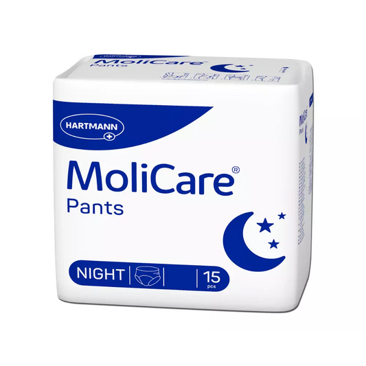 Die Hartmann MoliCare Pants Night Inkontinenzpants von Paul Hartmann AG sind in einer dezenten weiß-blauen Verpackung mit Halbmonden und Sternen sowie der auffälligen Aufschrift „Night“ erhältlich. Sie sind für Blaseninkontinenz konzipiert, bieten diskreten Schutz und enthalten 15 Stück pro Packung.