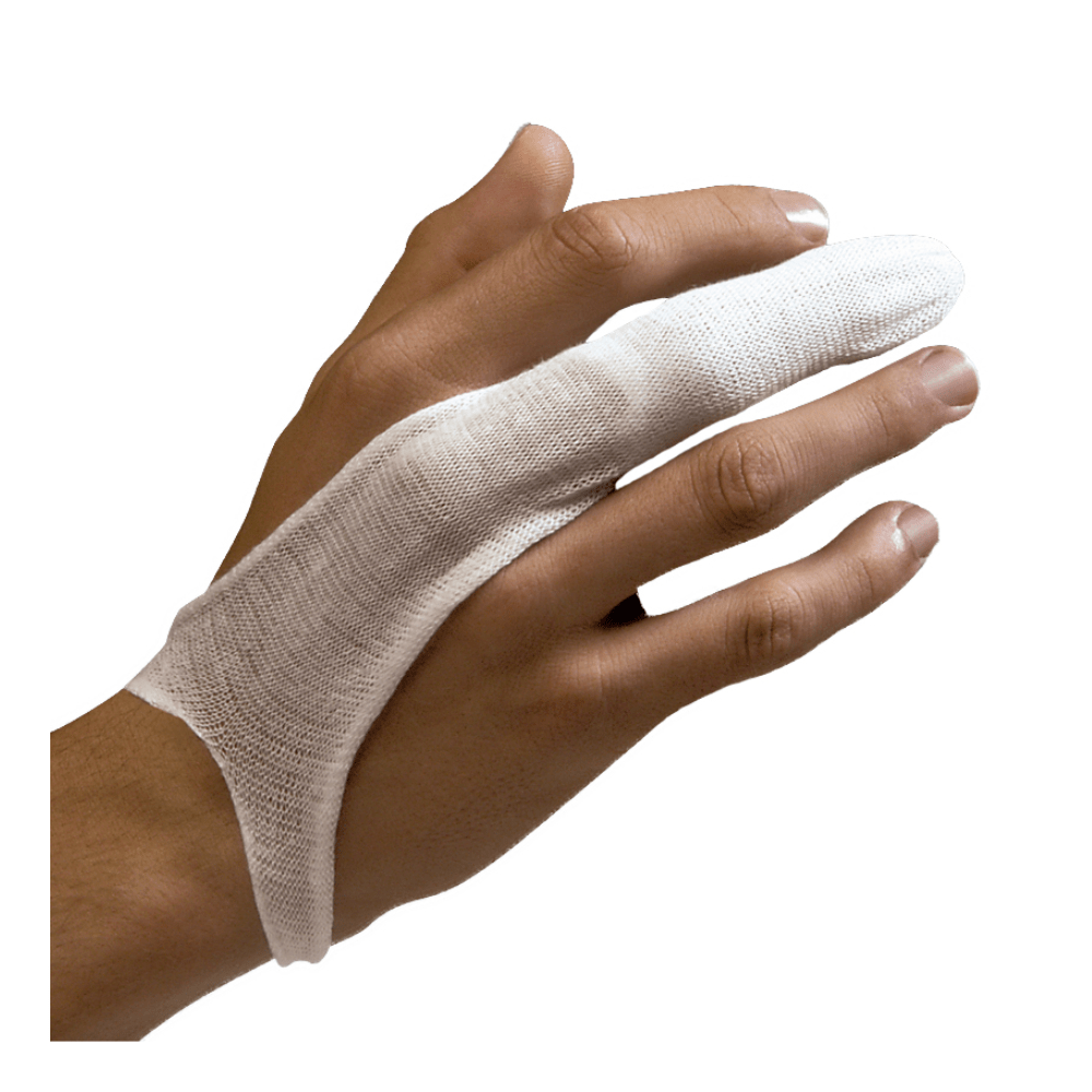 A hand wearing elastic finger sleeves from Holthaus that cover the index finger and extend to the base of the thumb, manufactured by Holthaus Medical GmbH & Co. KG. The breathable, stretchy bandage immobilizes the index finger. The background is plain white.