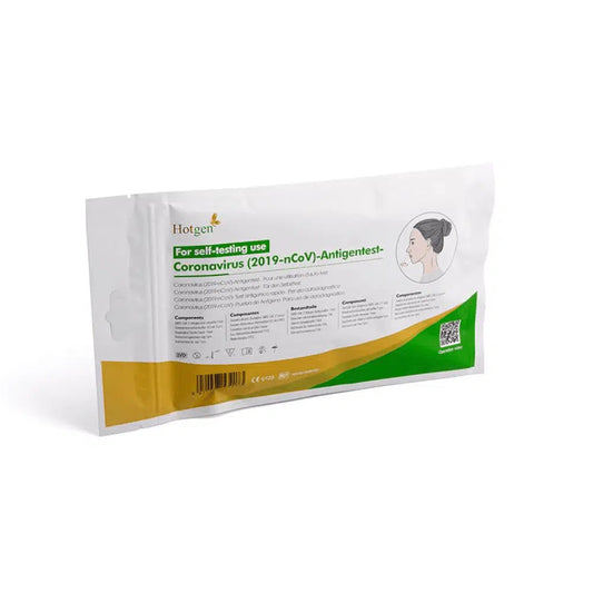 Eine Packung mit der Aufschrift „Hotgen Sars-CoV-2 Antigen Laien Schnelltest CE0123 | Packung (1 Test)“ für den Selbsttest weist grüne und orange Akzente auf und zeigt eine Abbildung einer Person. Der „Hotgen“-Schriftzug ist in der oberen linken Ecke deutlich zu sehen und kennzeichnet den Test als SARS-CoV-2-Antigentest.