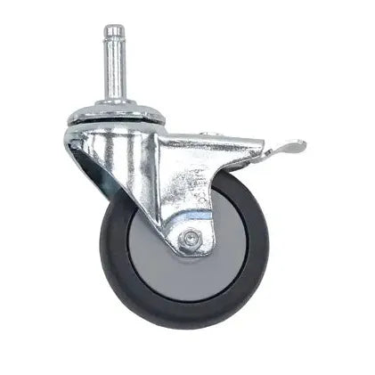 Eine einzelne Novocal Leichtlauflenkrolle mit Bolzen, mit Stopp, Ø 75 mm elektrisch leitfähig, für NW S70/S. Mit Metallbügel, schwarzer Gummilauffläche, grauem Radmittelpunkt und Vorbaugewinde. Abgebildet auf weißem Hintergrund. Packung enthält 1 Stück.