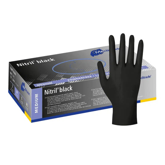 Eine Schachtel mittelgroßer, schwarzer Meditrade Nitril® Nitrilhandschuhe in schwarz, wobei ein Handschuh aufrecht neben der Schachtel steht. Die Schachtel ist deutlich sichtbar mit Produktdetails beschriftet.