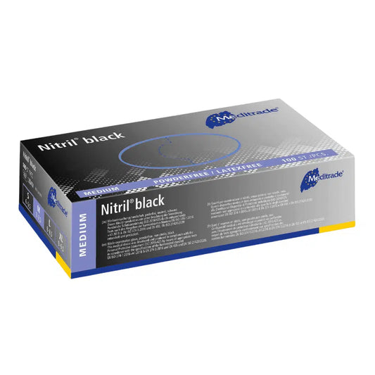 Eine Schachtel mittelgroßer Meditrade Nitril® Nitrilhandschuhe in schwarz, die Produktdetails in blau-weißem Text auf einer blau-weiß-grauen Verpackung zeigen. Die Schachtel enthält 200 Stück von Meditrade GmbH.