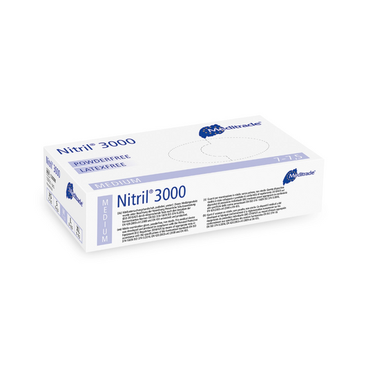 Eine Schachtel mittelgroßer, puderfreier, latexfreier Nitrilhandschuhe Meditrade Nitril® 3000. Die Verpackung ist überwiegend weiß und blau mit Text und Logos.