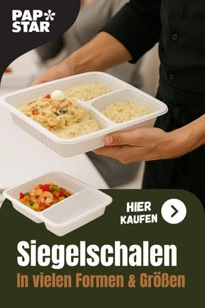 Papstar Siegel- und Essensschalen in verschiedenen Formen und Größen. Ideal für Take-away und Catering, mit einer Auswahl an leckeren Gerichten wie Pasta und Gemüse.