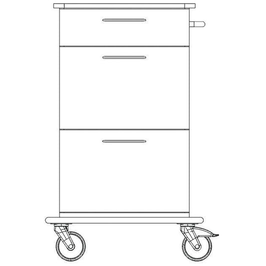 Eine Strichzeichnung des Novocal Pflege- und Arbeitswagens zeigt ein Gerät mit drei Schubladen, einem Griff auf der rechten Seite und zwei großen Rädern, ideal für den Transport oder die Lagerung von Gegenständen in Pflegeeinrichtungen.