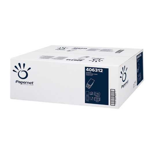 Ein rechteckiger Karton mit Papernet Falthandtüchern 406312, auf dem Produktcodes und Symbole für recycelte Materialien auf weißem Hintergrund angezeigt werden.