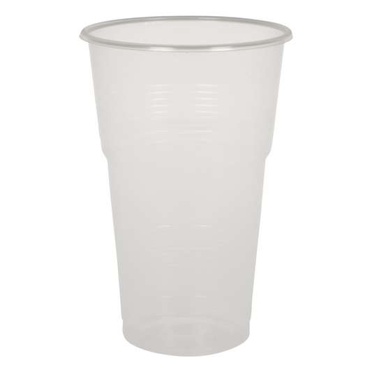 Ein transparenter, leerer Kunststoffbecher aus der Serie Trinkgläser, PP der Abena Re-Seller GmbH steht aufrecht auf einem einfarbig weißen Hintergrund und hebt seine Haltbarkeit und die Konstruktion aus Polypropylen (PP) hervor.