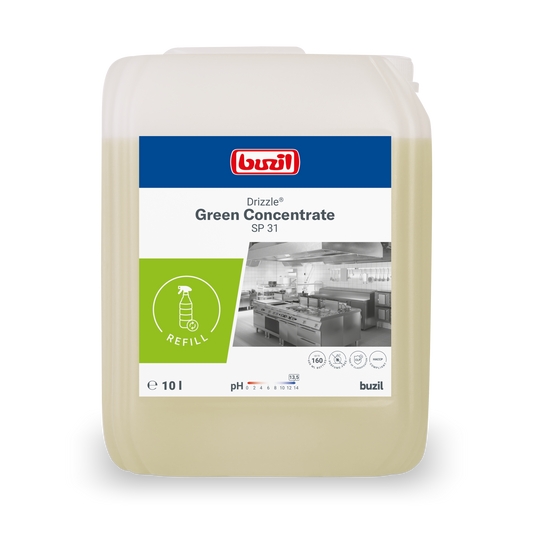 Ein 10-Liter-Kanister BUZIL-WERK Drizzle® Green Concentrate Öl- und Fettlöser farblos-hellgelb, mit einem Etikett mit Produktinformationen, einem Nachfüllsymbol und einem monochromen Großküchenbild.