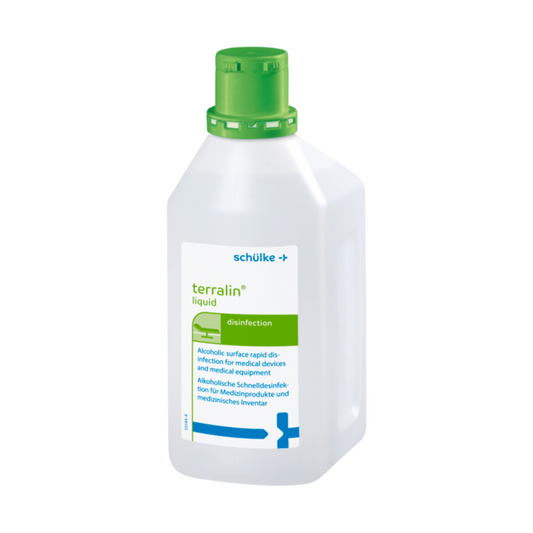 Das Schülke terralin® liquid, eine 1L Flasche mit grünem Verschluss, der Schülke & Mayr GmbH dient zur alkoholischen Schnelldesinfektion von medizinischen Geräten und patientennahen Flächen.