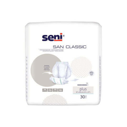 Die San Seni Classic Plus Inkontinenzvorlage der TZMO Deutschland GmbH wird in einer Packung zu 30 Stück geliefert, die Verpackung ist überwiegend weiß und mit blauem und grauem Text sowie einer Abbildung der Einlage zur Blasenschwäche-Versorgung versehen.